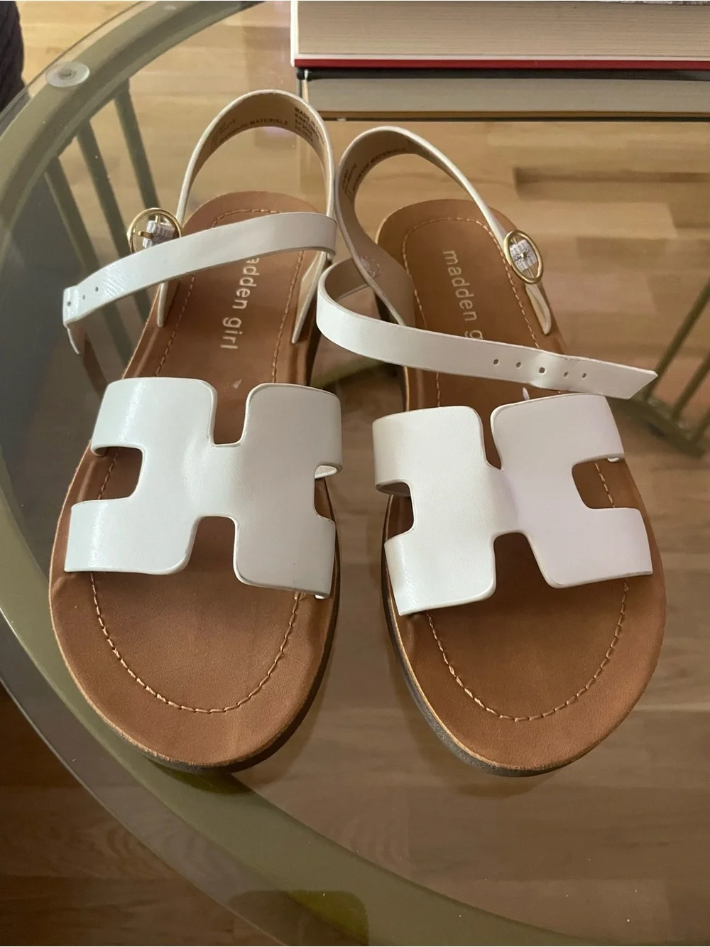 Madden Girl White Cutout Strap Sandals with Gold Buckle